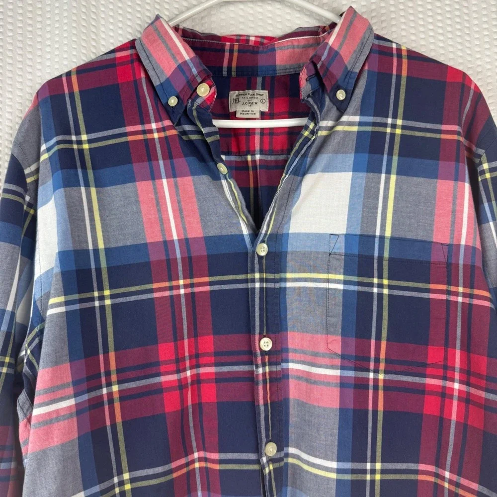 Vtg J. Crew Summer Plaid Button Down Shirt Men Red Blue Large Long Sleeve Pocket